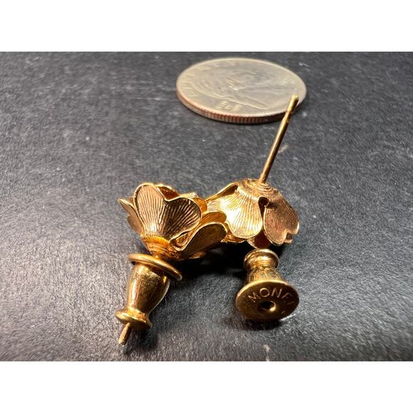 Vintage Monet Gold Tone Rose Earrings – 1960s Floral Design - Picture 3 of 13